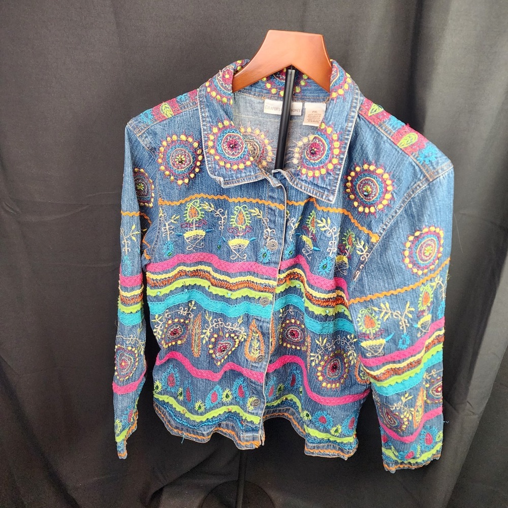 Embroidered Denim Jacket Petite XL Boho Beaded Colorful Mandala hippie whimsical